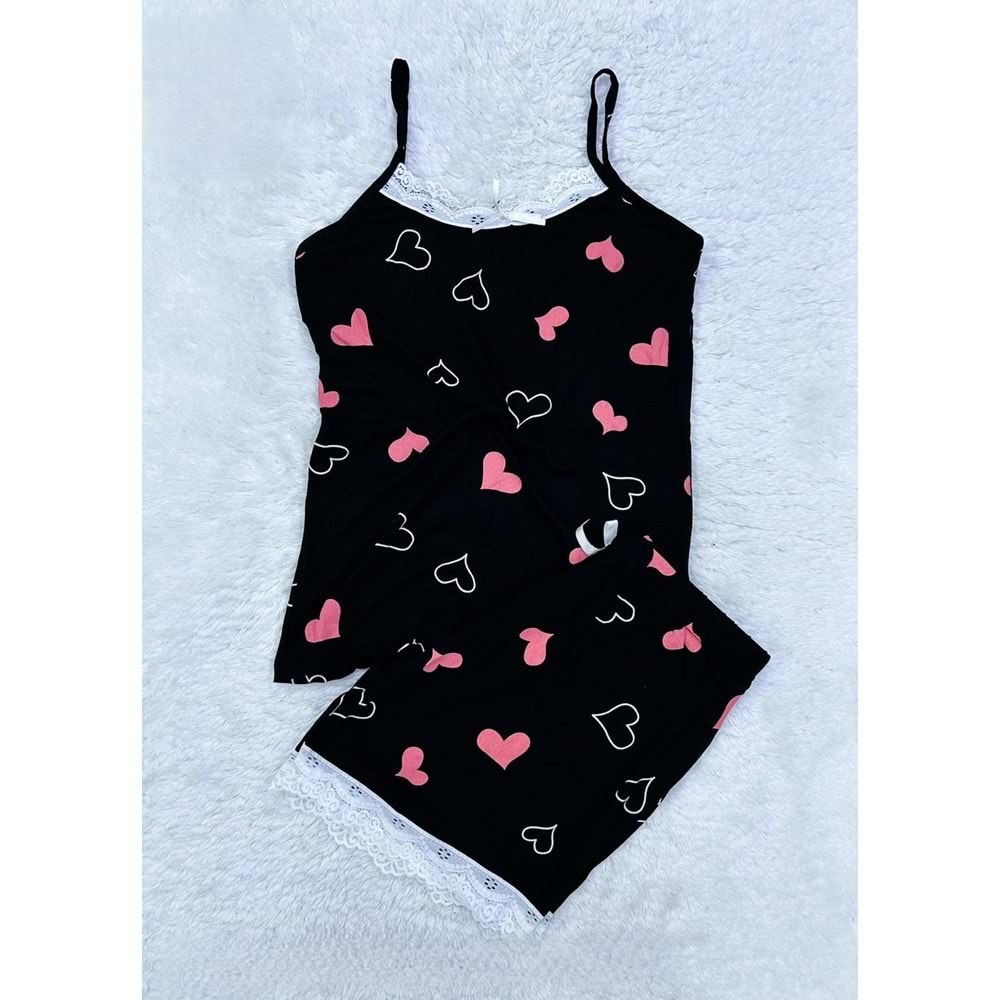 BAMBU İP ASKILI ŞORTLU DANTELLİ TAKIM SİYAH PEMBE KALPLİ
