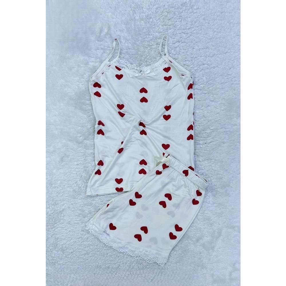 BAMBU İP ASKILI ŞORTLU DANTELLİ TAKIM EKRU BORDO KALPLİ