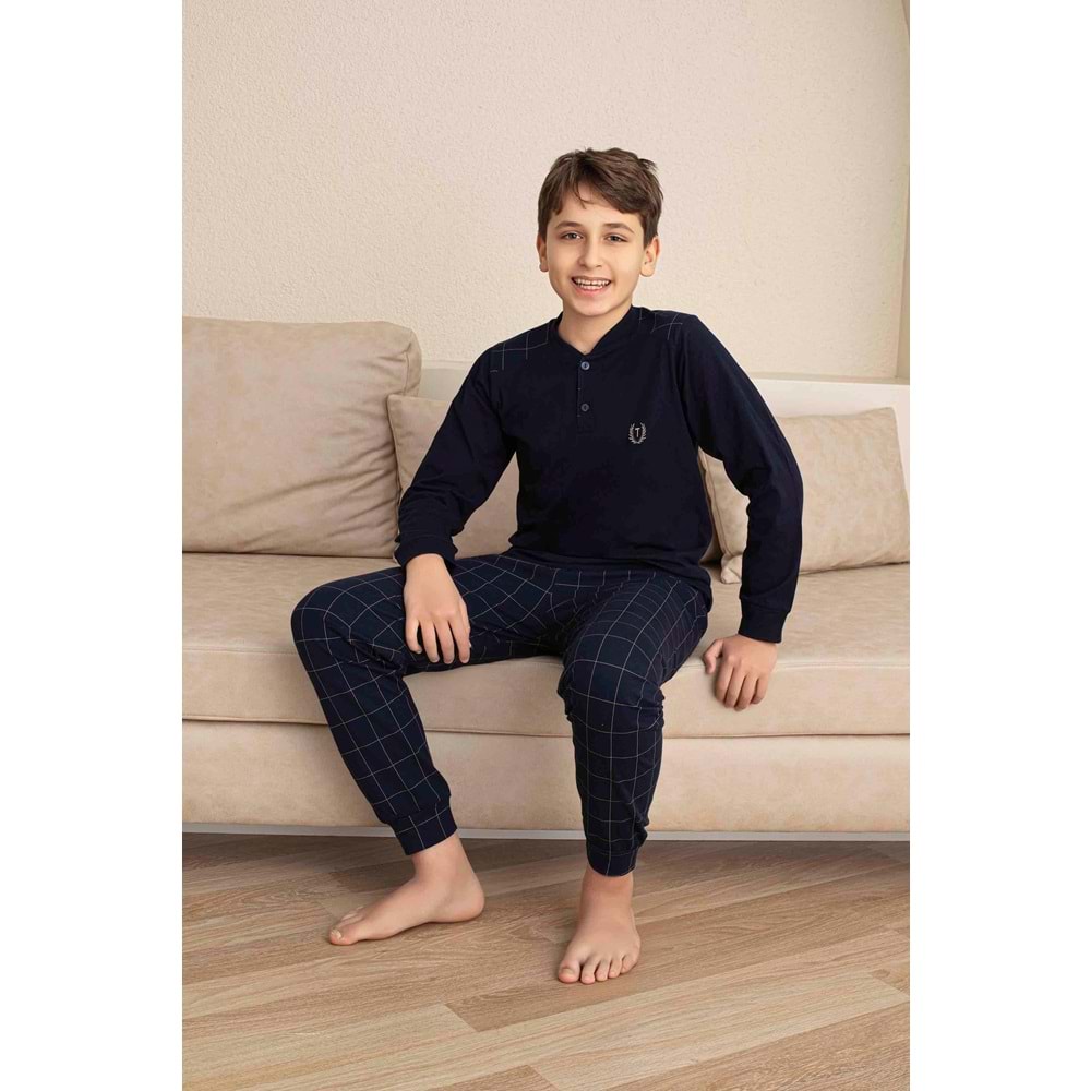 TARIK ÇOCUK PİJAMA TAKIMI UZUN KOL %100 PAMUK LACİVERT