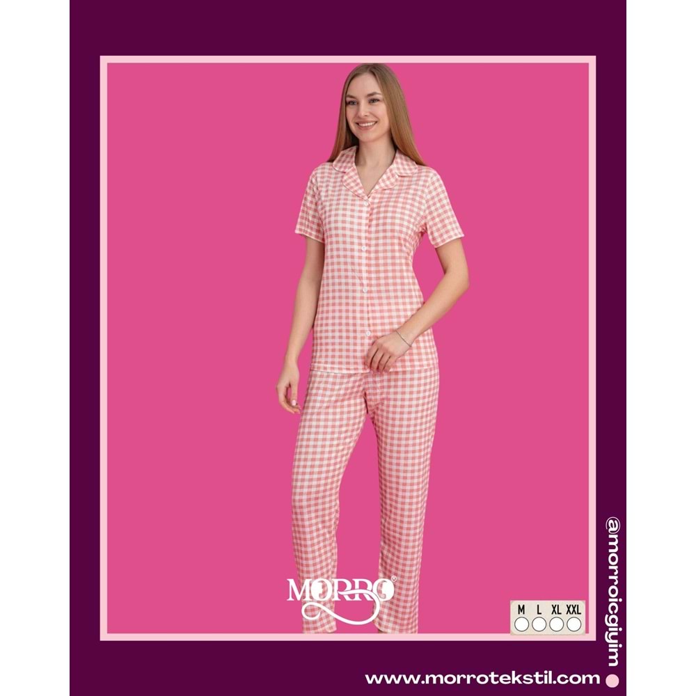 VİSKON 5 DÜĞMELİ BAYAN PİJAMA TAKIM BEYAZ & PEMBE DESENLİ M