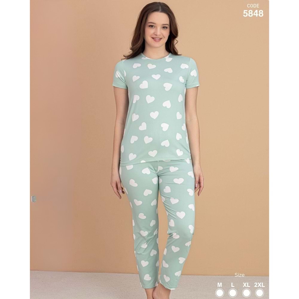 STİL MODA KADIN KISA KOL PİJAMA TAKIMI AÇIK YEŞİL, BEYAZ KALP DESENLİ