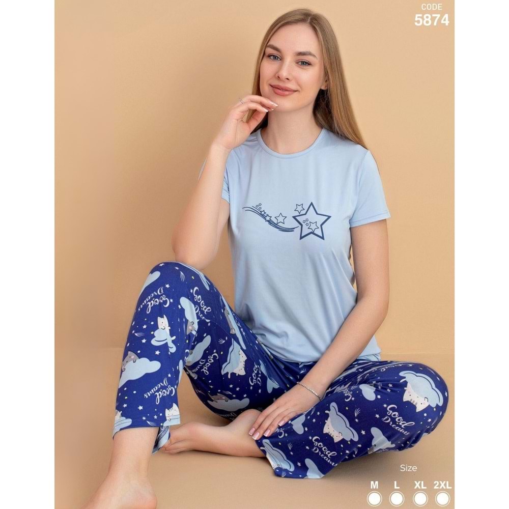STİL MODA KADIN KISA KOL PİJAMA TAKIMI AÇIK MAVI & LACİVERT