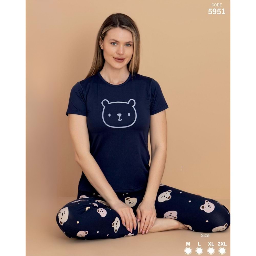 STİL MODA KADIN KISA KOL PİJAMA TAKIMI LACİVERT, AYI DESENLİ
