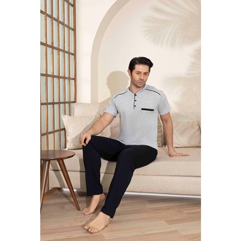 TARIK ERKEK PİJAMA TAKIMI KISA KOL %100 PAMUK GRİ