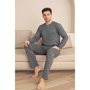 TARIK ERKEK PİJAMA TAKIM SETİ UZUN KOL %100 PAMUK GRİ