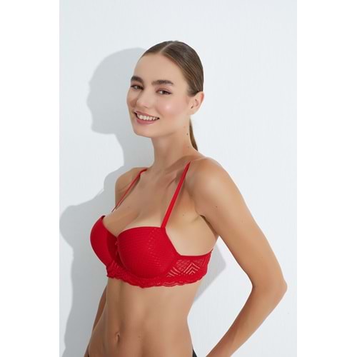 MORRO 3041 YAĞMUR DESEN KOL DANTELLİ PUSH-UP DESTEKLİ SÜTYEN - KIRMIZI - 80