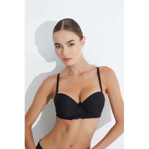 MORRO 3051 JAKARLI ÇİZGİLİ KOL DANTEL PUSH-UP DESTEKLİ DOLU SÜTYEN - SİYAH - 80
