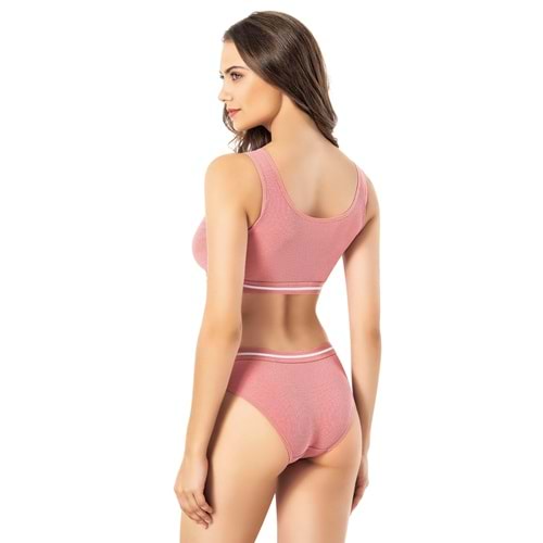 KADIN KAŞKORSE FİTİLLİ SPOR BİKİNİLİ PEDLİ CROP BÜSTİYER TAKIM (GÜL KURUSU) 2XL
