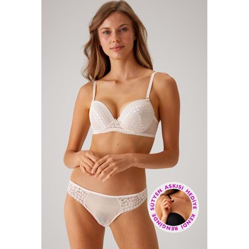 4810 PİERRE CARDİN Milan Çiçek Desen Dantelli Push Up Dolgulu Iç Çamaşırı Takımı (tak - Çıkar Askılı) - İNCİ - 80