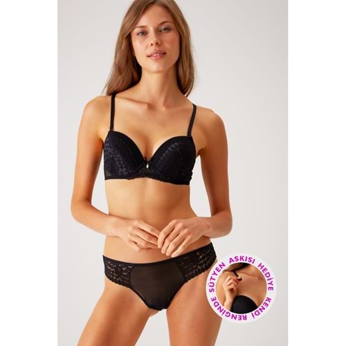 4810 PİERRE CARDİN Milan Çiçek Desen Dantelli Push Up Dolgulu Iç Çamaşırı Takımı (tak - Çıkar Askılı) - SİYAH - 80