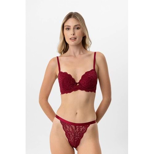 4902 Pierre Cardin Boş Kaplı Sırt Dantel Detaylı Sütyen Takımı - BORDO - 80