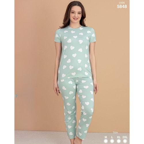 STİL MODA KADIN KISA KOL PİJAMA TAKIMI AÇIK YEŞİL, BEYAZ KALP DESENLİ
