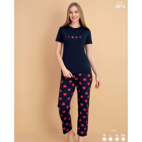 STİL MODA KADIN KISA KOL PİJAMA TAKIMI LACİVERT, KIRMIZI KALP DESENLİ