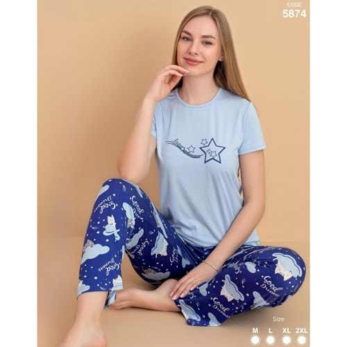 STİL MODA KADIN KISA KOL PİJAMA TAKIMI AÇIK MAVI & LACİVERT