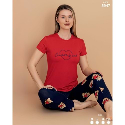 STİL MODA KADIN KISA KOL PİJAMA TAKIMI KIRMIZI & LACİVERT