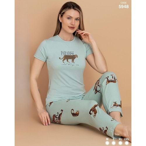 STİL MODA KADIN KISA KOL PİJAMA TAKIMI AÇIK MAVI, DESENLİ
