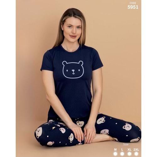 STİL MODA KADIN KISA KOL PİJAMA TAKIMI LACİVERT, AYI DESENLİ