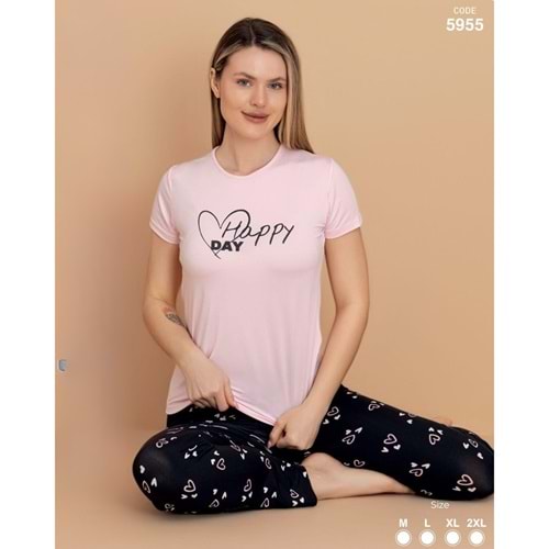 STİL MODA KADIN KISA KOL PİJAMA TAKIMI SİYAH & PEMBE