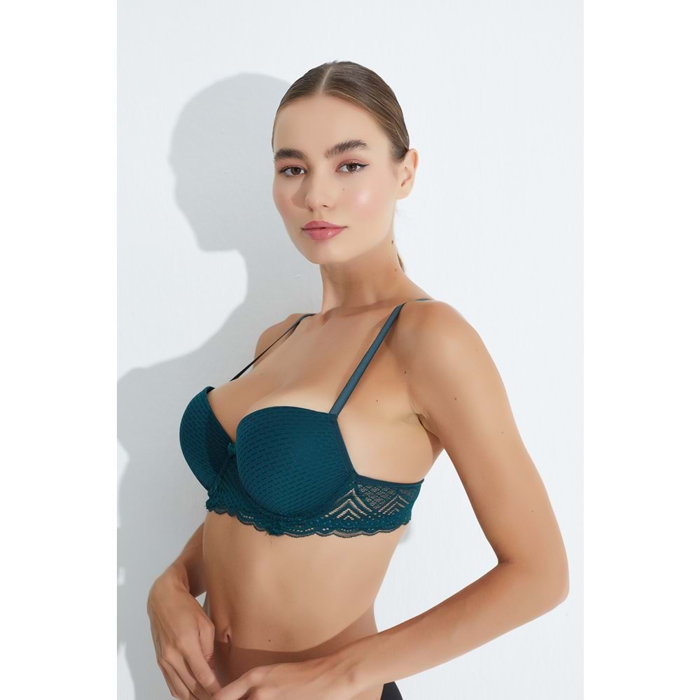 MORRO 3041 YAĞMUR DESEN KOL DANTELLİ PUSH-UP DESTEKLİ SÜTYEN - KOYU YEŞİL - 80
