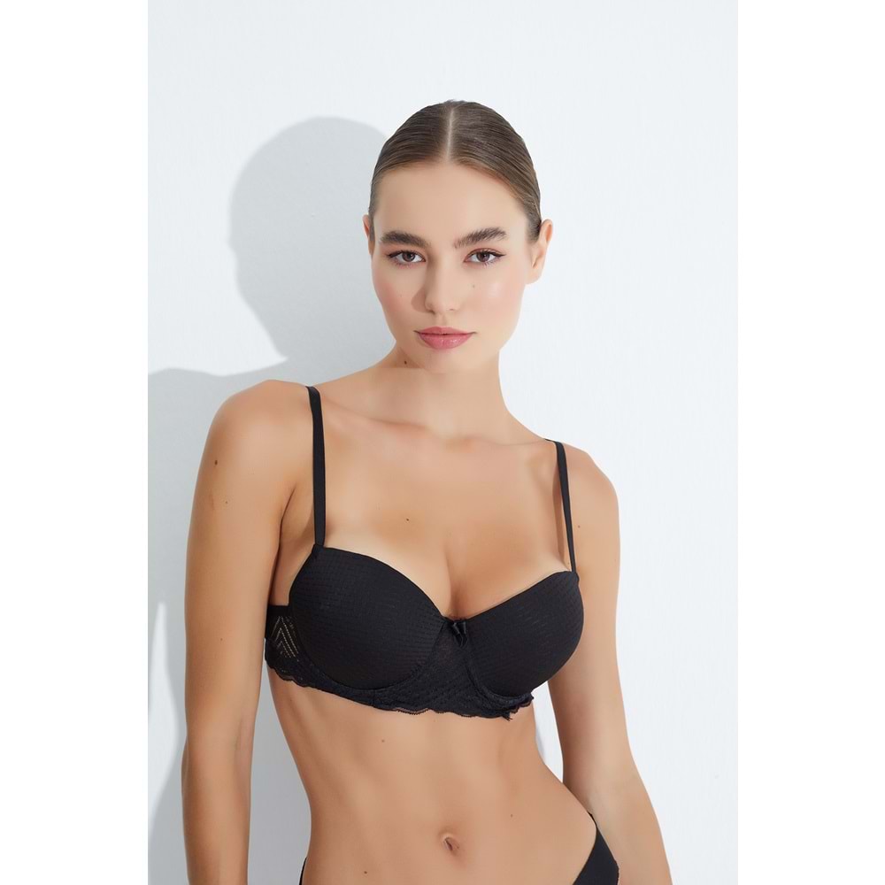 MORRO 3041 YAĞMUR DESEN KOL DANTELLİ PUSH-UP DESTEKLİ SÜTYEN - SİYAH - 80