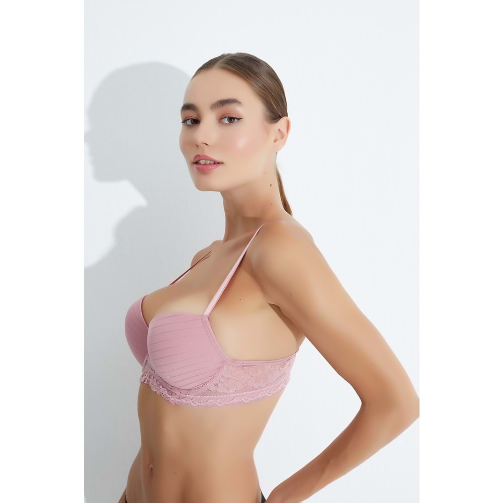 MORRO 3051 JAKARLI ÇİZGİLİ KOL DANTEL PUSH-UP DESTEKLİ DOLU SÜTYEN - GÜL KURUSU - 80