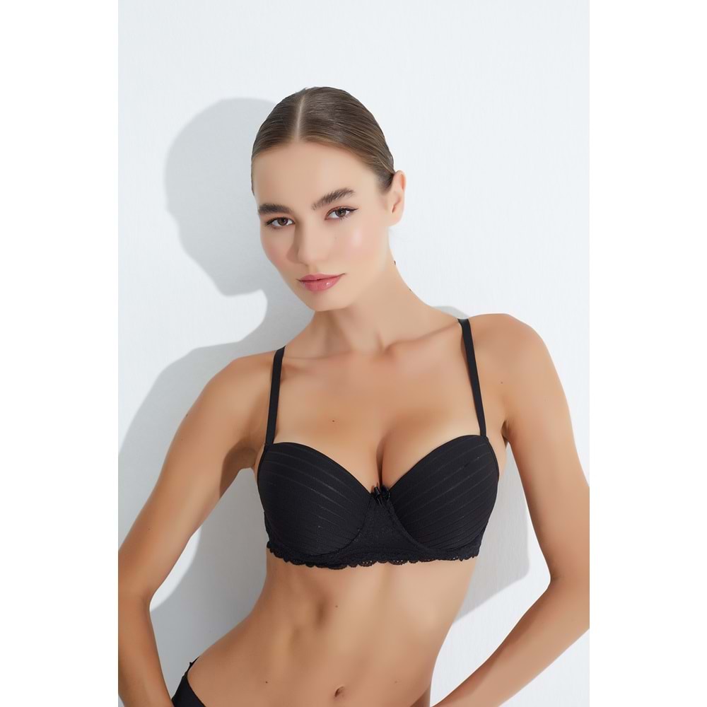 MORRO 3051 JAKARLI ÇİZGİLİ KOL DANTEL PUSH-UP DESTEKLİ DOLU SÜTYEN - SİYAH - 80