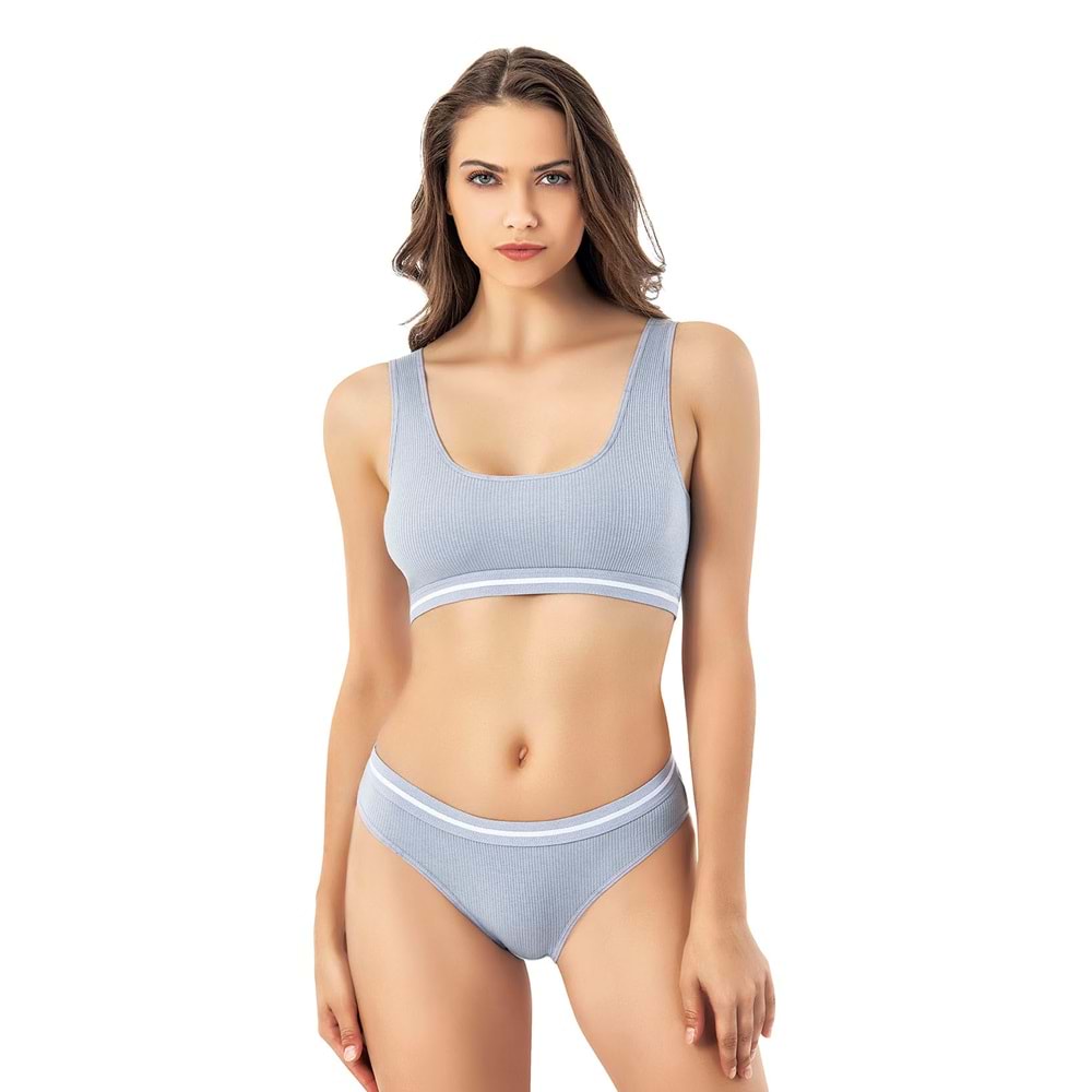 KADIN KAŞKORSE FİTİLLİ SPOR BİKİNİLİ PEDLİ CROP BÜSTİYER TAKIM (MAVİ&GRİ) L