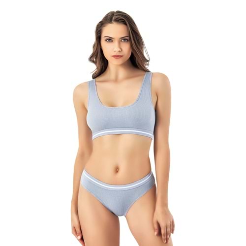 KADIN KAŞKORSE FİTİLLİ SPOR BİKİNİLİ PEDLİ CROP BÜSTİYER TAKIM (MAVİ&GRİ) L