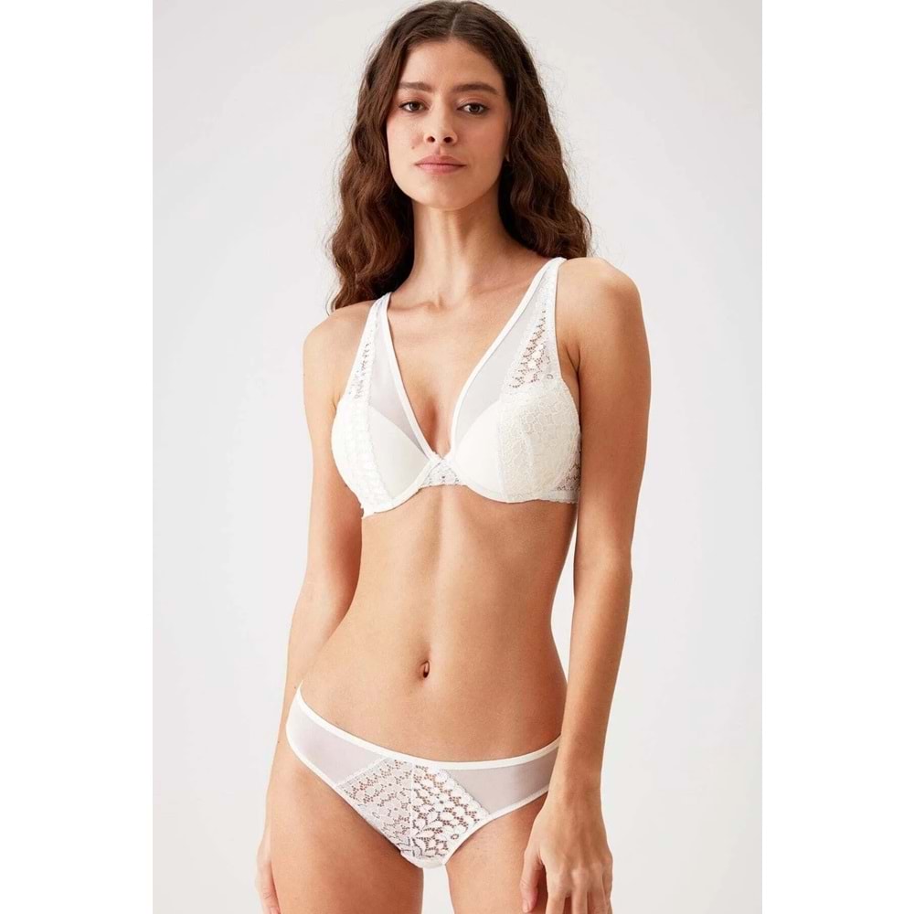 4811 PİERRE CARDİN Biella Çiçek Desen Soft Push Up Dolgulu Tül Detaylı Iç Çamaşırı Takımı - EKRU - 80