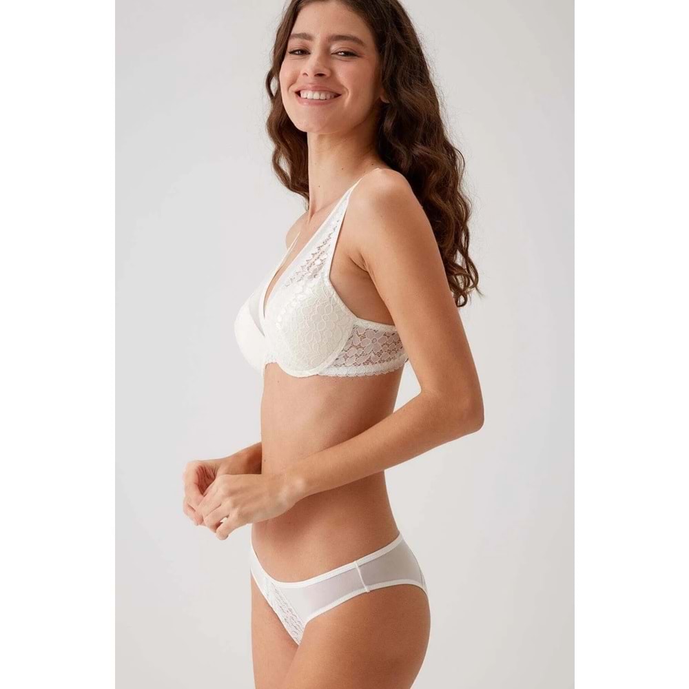 4811 PİERRE CARDİN Biella Çiçek Desen Soft Push Up Dolgulu Tül Detaylı Iç Çamaşırı Takımı - EKRU - 80