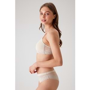 4832 PİERRE CARDİN Pedli Balensiz Dantelli Comfy Sütyen ve Brazilian Sütyen Takım - TAŞ - 80