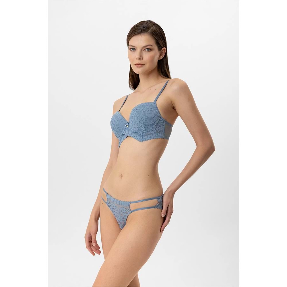 Pierre Cardin 4881 Milan Dantelli Destekli Push Up Sütyen Takım - MAVİ - 80