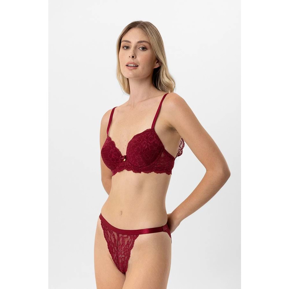 4902 Pierre Cardin Boş Kaplı Sırt Dantel Detaylı Sütyen Takımı - BORDO - 80
