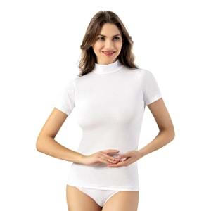 KADIN KISA KOL DİK YAKA PAMUKLU LİKRALI BODY (BEYAZ) L