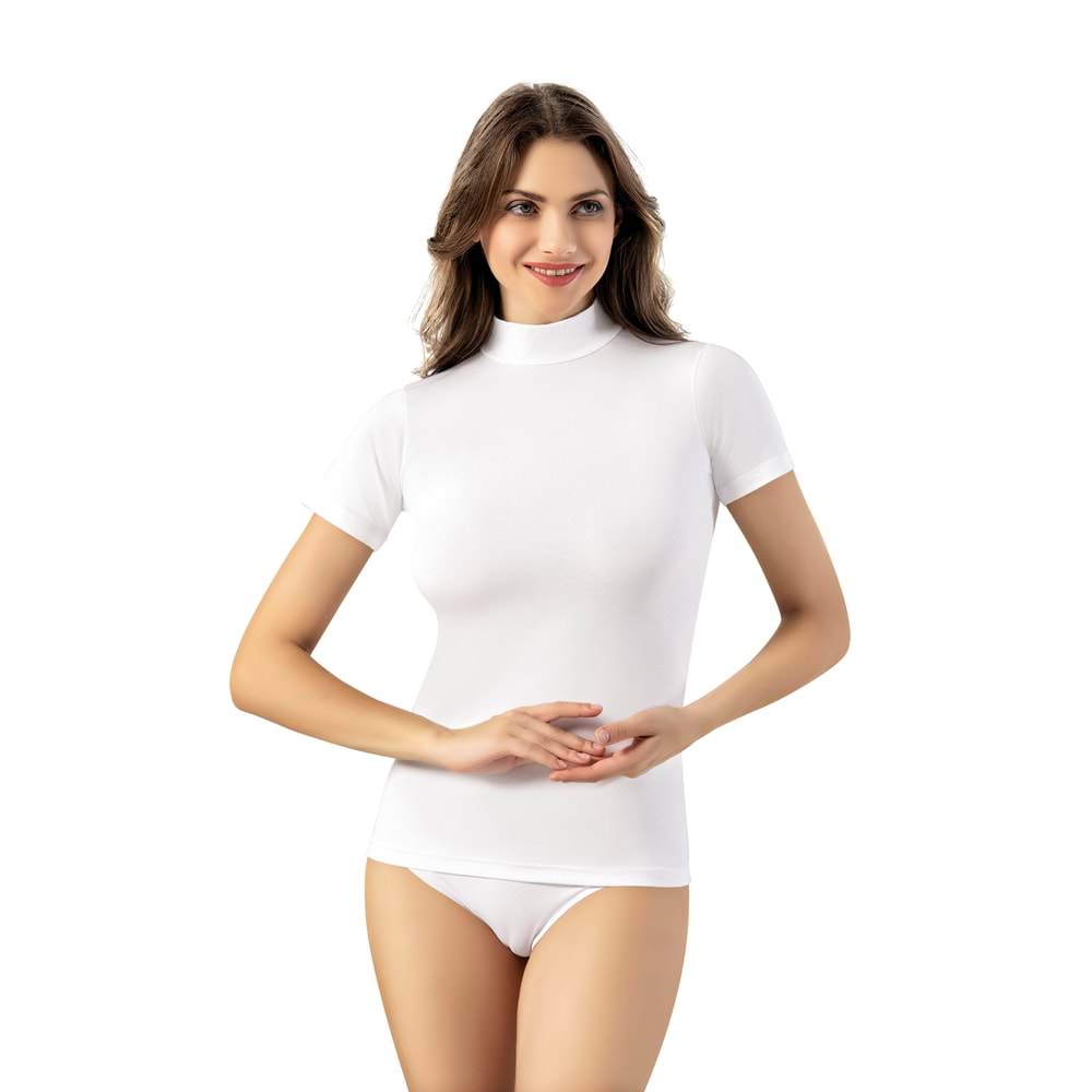 KADIN KISA KOL DİK YAKA PAMUKLU LİKRALI BODY (BEYAZ) L