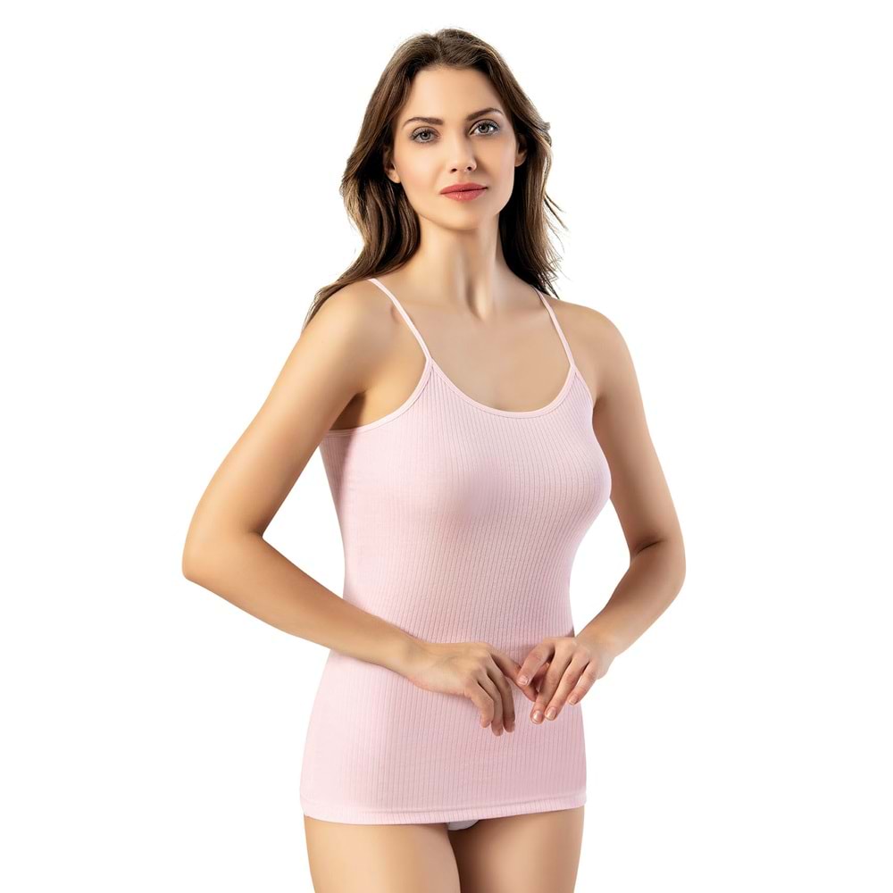 KADIN İP ASKILI PAMUKLU FİTİLLİ ESNEK KUMAŞ ATLET - PEMBE - L
