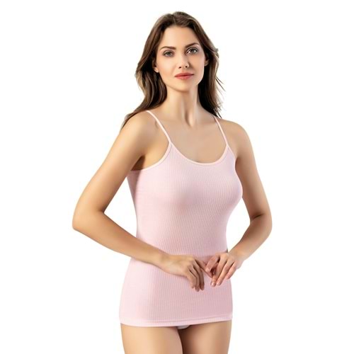 KADIN İP ASKILI PAMUKLU FİTİLLİ ESNEK KUMAŞ ATLET - PEMBE - L