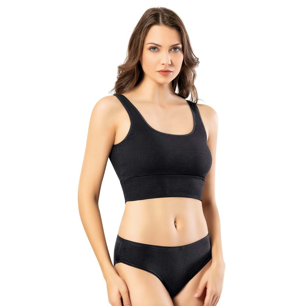 KADIN DALGIÇ KUMAŞ FİTİLLİ GENİŞ ASKILI PEDLİ CROP BÜSTİYER (SİYAH) 2XL