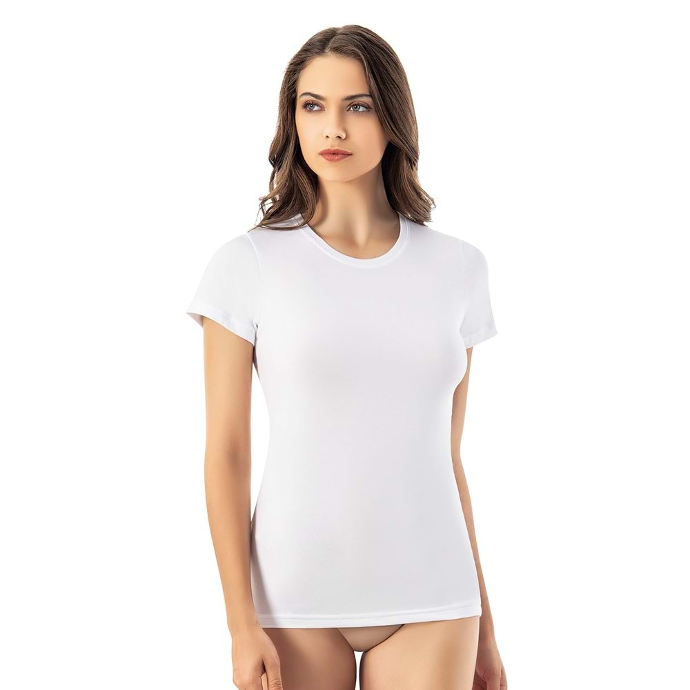 KADIN MODAL KUMAŞ KISA KOL BİSİKLET YAKA İPEKSİ DOKU BODY (BEYAZ) L