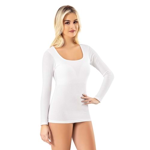 KADIN MODAL KUMAŞ KARE YAKA UZUN KOL KAŞKORSE FİTİLLİ İPEKSİ DOKU T-SHİRT BODY (BEYAZ) L