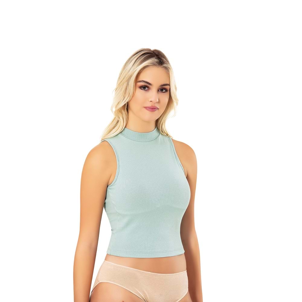 KADIN BALIKÇI YAKA PAMUKLU FİTİLLİ ESNEK KUMAŞ PEDLİ CROP BÜSTİYER (YEŞİL) XL